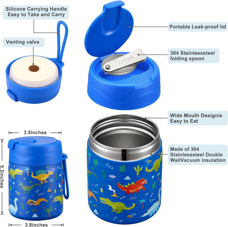 Howeemo 17oz Soup Thermo for Hot Food Kids,Insulated Food Jar with Spoon,Thermo Hot Food Lunch Container,Wide Mouth Leakproof Stainless Steel Lunch Box for School-Dinosaur - Image 2